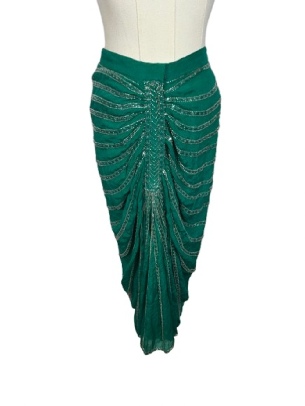 Romano 1974 Vintage 100% Silk Emerald Draped Asymmetrical Beaded Skirt Size M